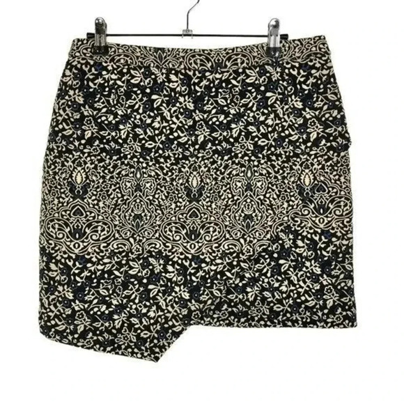 H&M Black & Beige Floral Faux Wrap Woven Mini Skirt 10 - Picture 1 of 4